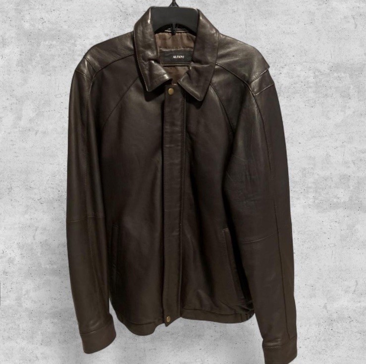 Alfani Men’s Brown Leather Full Zip Jacket, Size L 44″ Chest Spread Collar