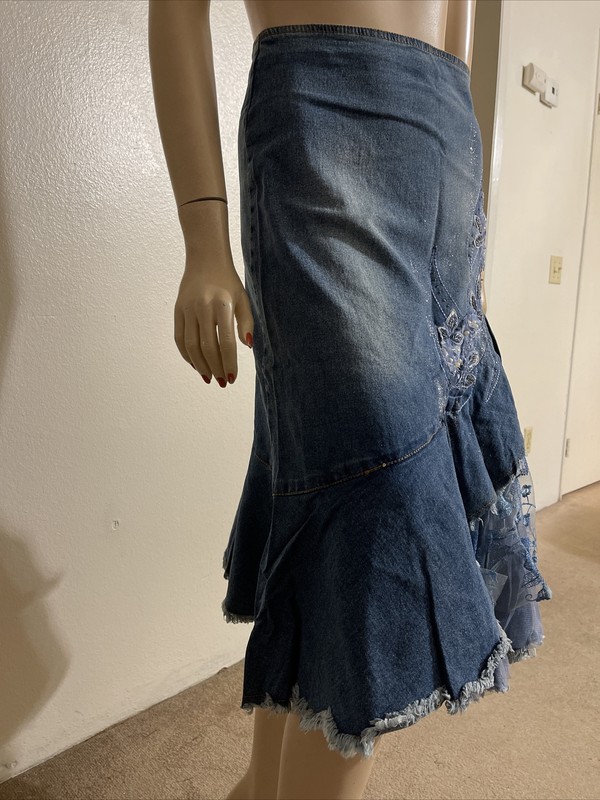 Women’s Blue Denim Cotton Casual Stretch Beads Boho Zip Size XL(10-12) Skirt 901 gallery