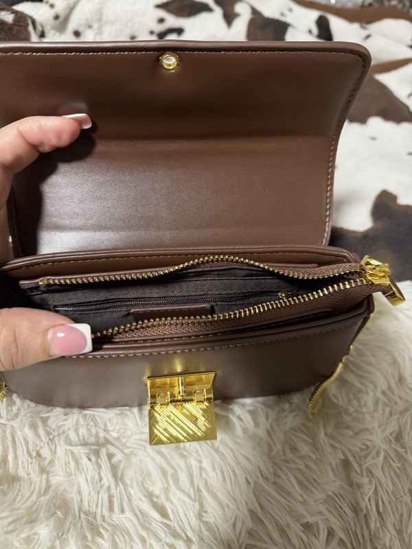 Brown Small Crossbody Bag Gold Hardware Snap Zip Detachable Strap gallery