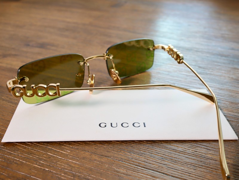 Gucci GG1808S 002 52mm Square Sunglasses in Gold/Green GG Pattern Lens gallery