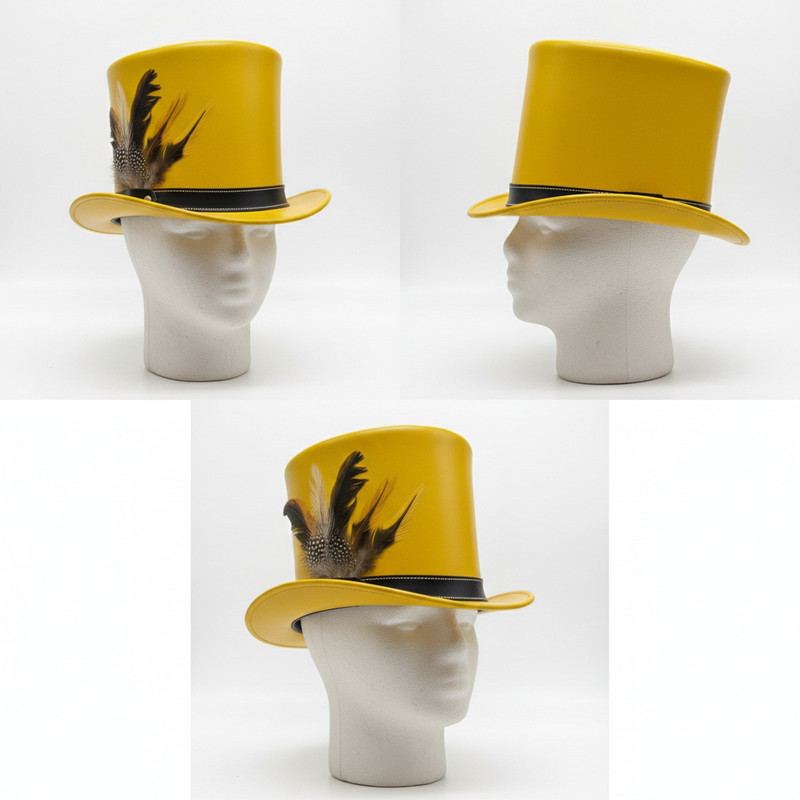 Unisex Yellow Real Leather Top Hat for Halloween, Costume Party, Circus Magician gallery