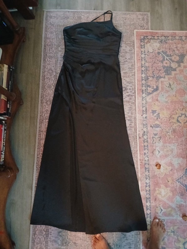 Women’s Black One Shoulder “Azazie” Asymmetric Sleeveless Solid Long Gown Dress