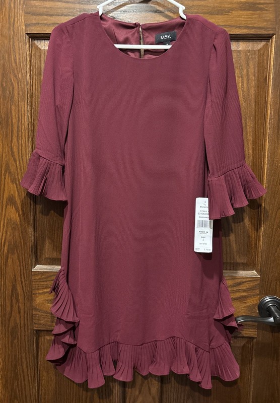 MSK Burgundy Ruffle, Lined Dress, Size S, NWT