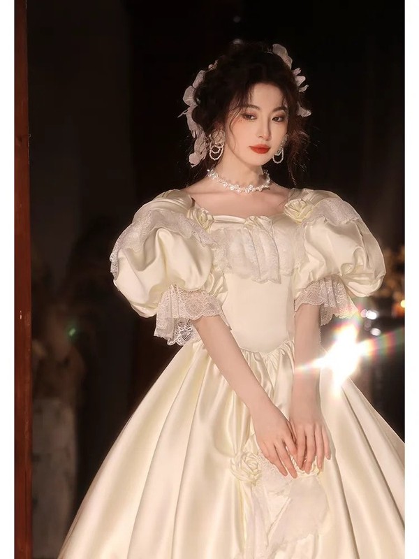 Classic Satin Wedding Dresses Customized Ruffles Puff Sleeves Lace Bridal Gowns gallery