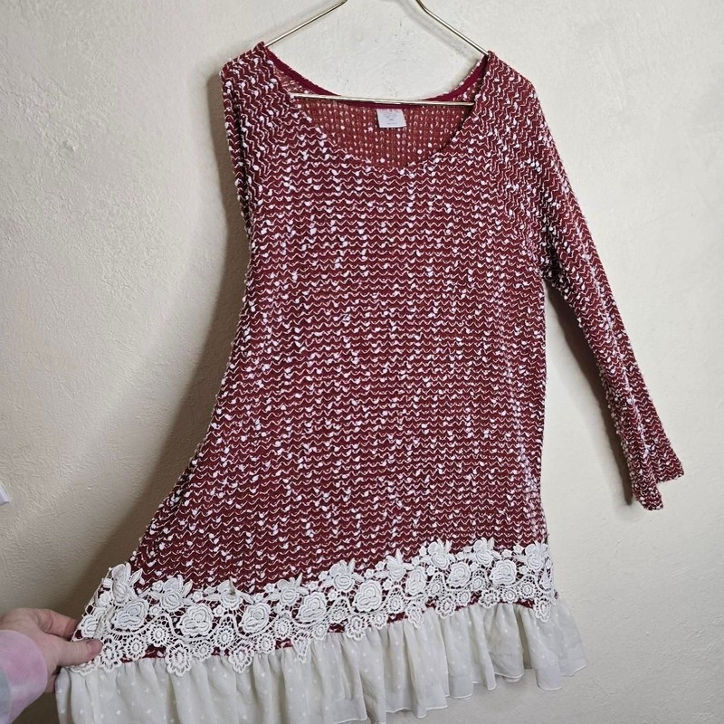 Burgundy Popcorn Knit Lace Ruffle Tunic Dress gallery