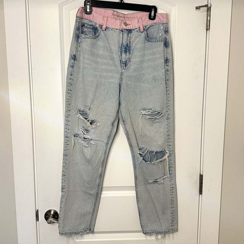 American Eagle Mom Jeans Size 10 Distressed High Rise Pink Waistband gallery