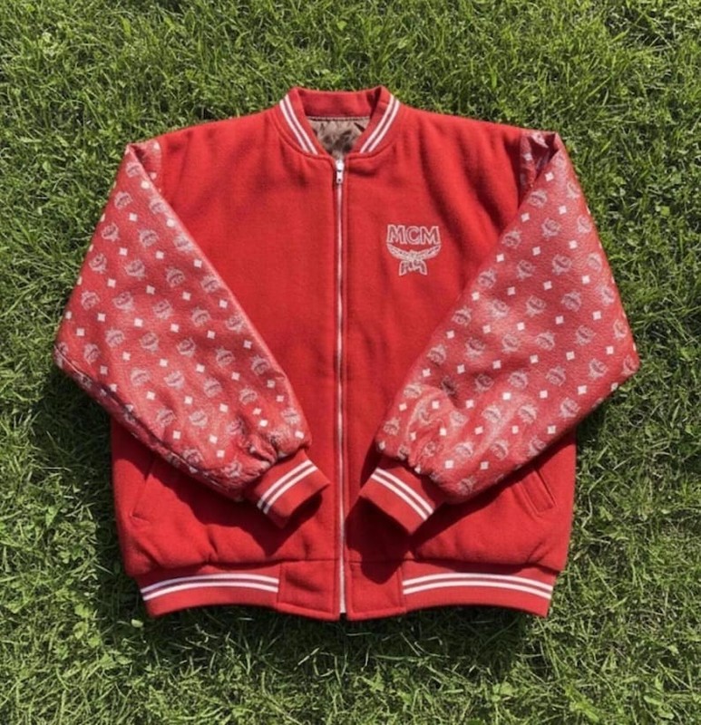 MCM Leather Varsity Jacket MCM Printed Monogram Leather Sleeves Streetwear
