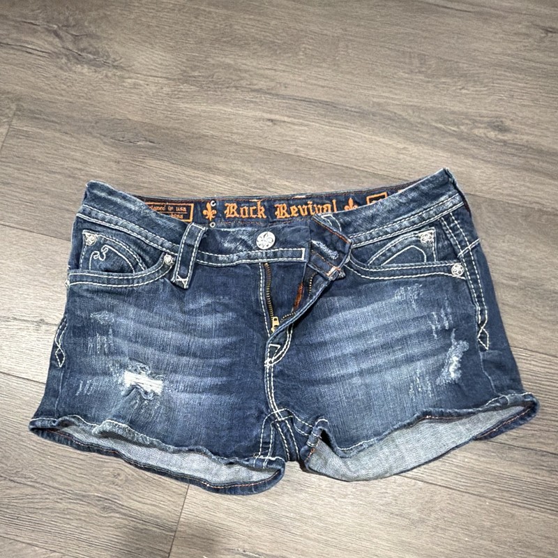 Rock Revival Sasha Low Rise Dark Wash Cut Off Shorts 27 Embroidered Stretch