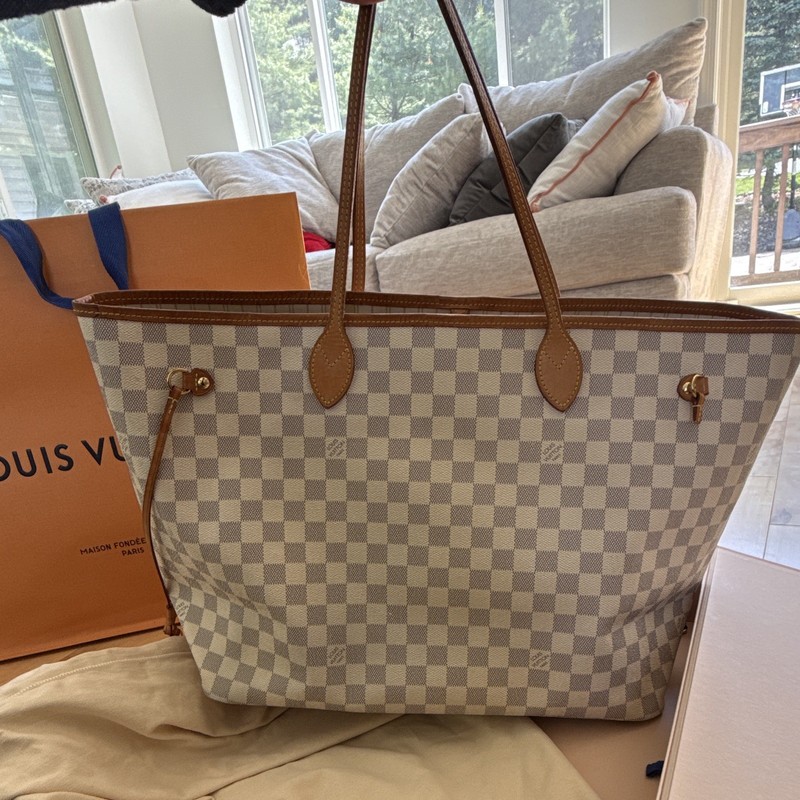 Louis Vuitton Neverfull MM Damier Azur Tote, Dust Bag Box Card, Pockets