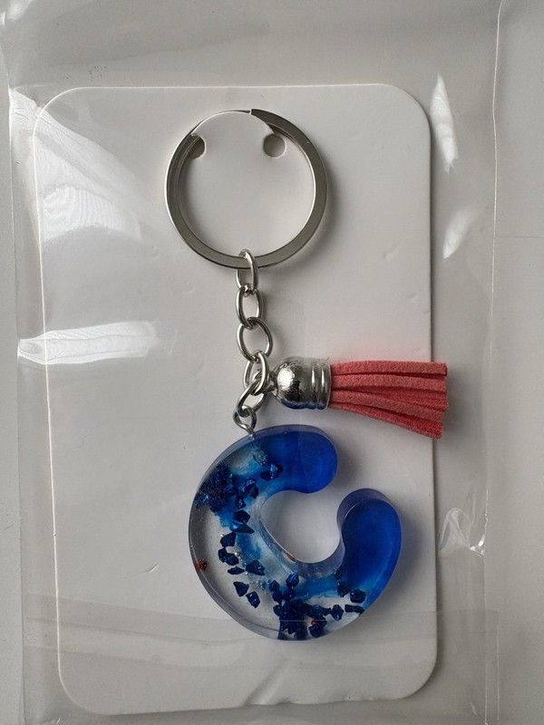Blue Resin Letter C Keyring with Red Tassel Accent, Metal/Resin Women’s