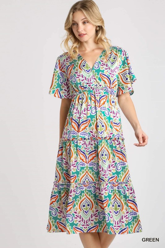 Umgee Green Multi Satin Paisley Ruffle Trim Tiered A-Line Midi Dress