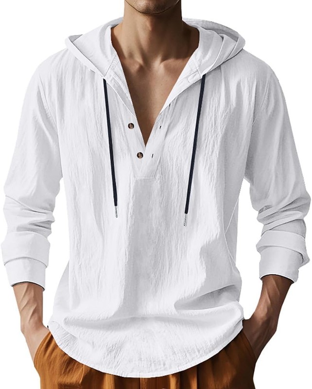 Men Cotton Linen Hoodie Shirt Long Sleeve Button Down Casual Hawaiian Beach Yoga gallery