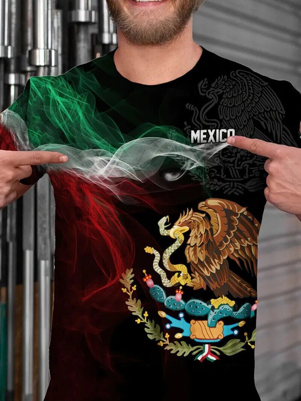 T-Shirt Mexican Aztec Eagle Snake Cactus Fashion Mexico Men's Short Sleeve Black gallery