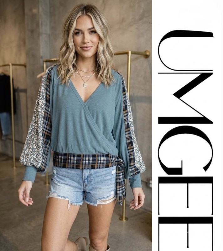 S UMGEE SEAFOAM Multi Patchwork Print Crossbody Tie Waist Shirt/TOP/BLOUSE BHCS