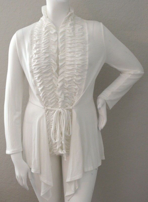 Emerald USA Ruffle Cascading Tie Front Stretch Cardigan White Plus 1XL 2XL 3XL