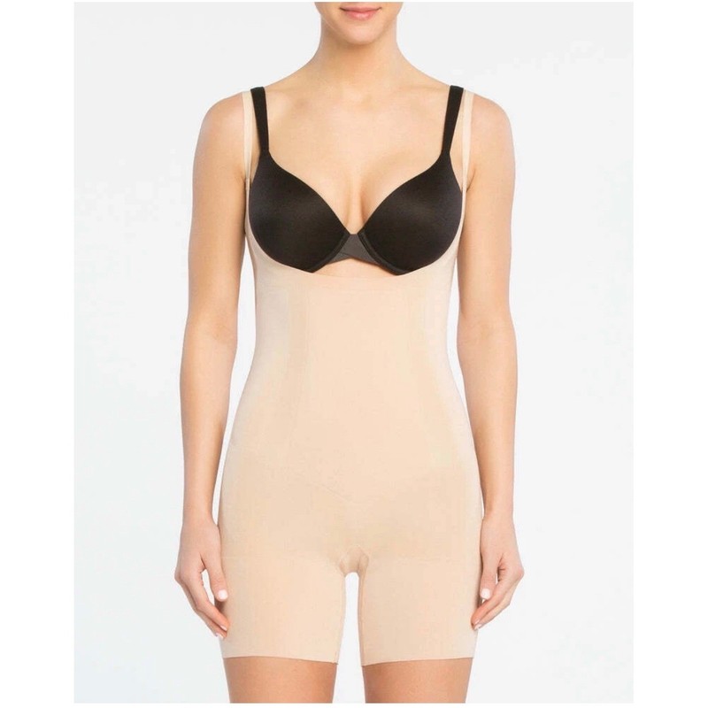 Spanx OnCore Open-Bust Mid-Thigh Bodysuit Shapewear Women L Soft Nude