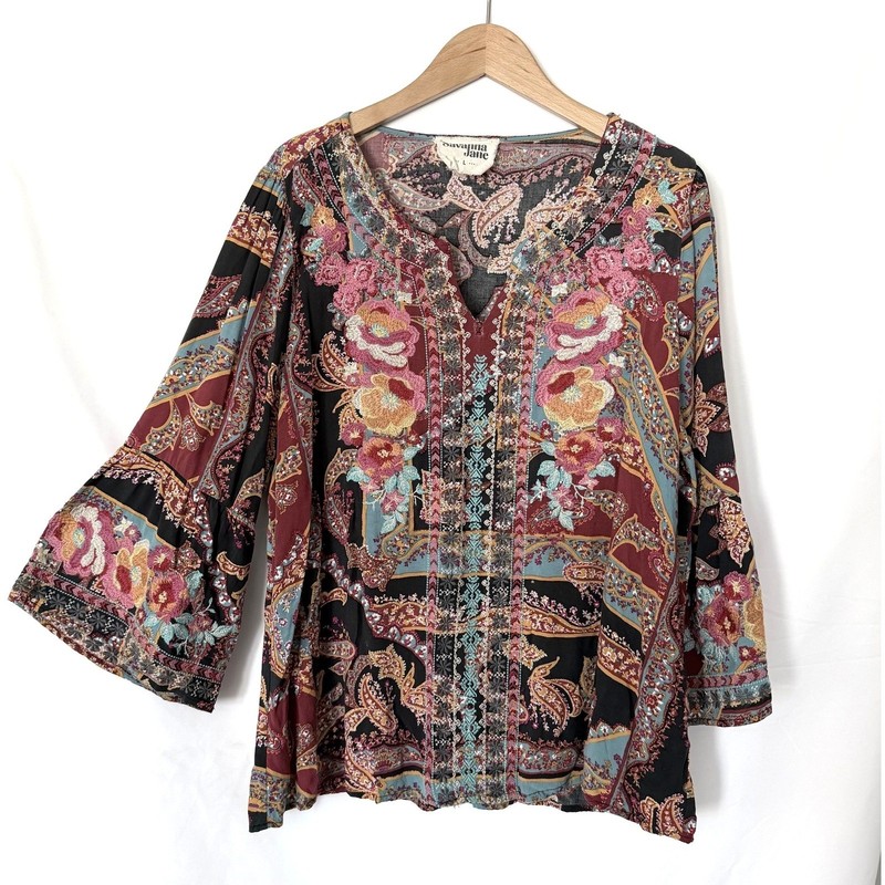 Savanna Jane Embroidered Womens L Multi-Color Bell Sleeve Blouse Boho