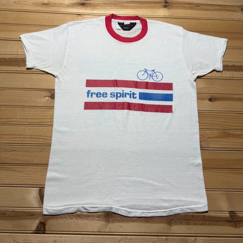 Vintage 70s Free Spirit Bicycle Sports Athletic Graphic Ringer T-Shirt – Large