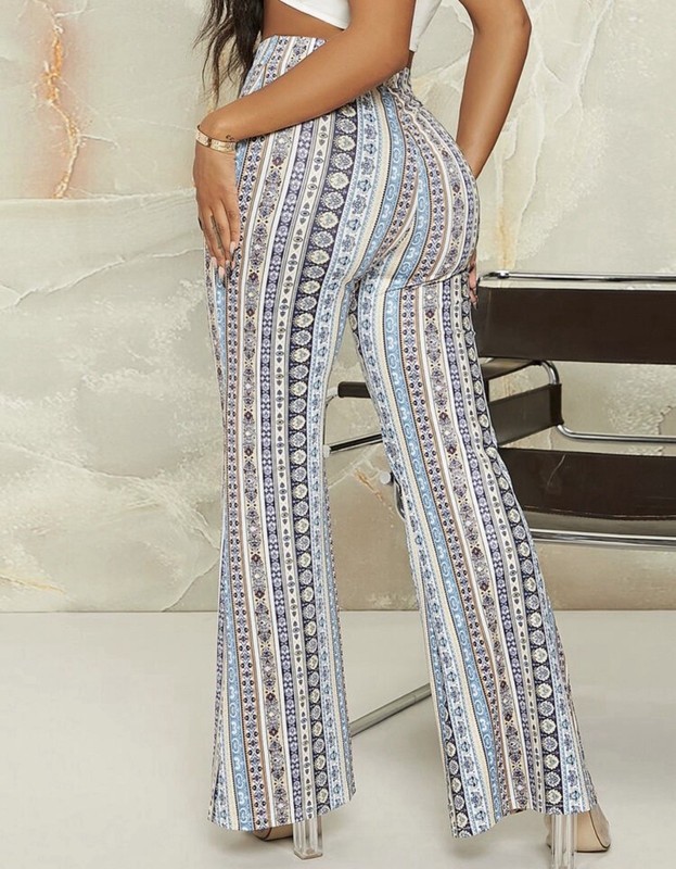 SHEIN Multicolor Striped Boho Flared Pants High Rise Elastic Waist M