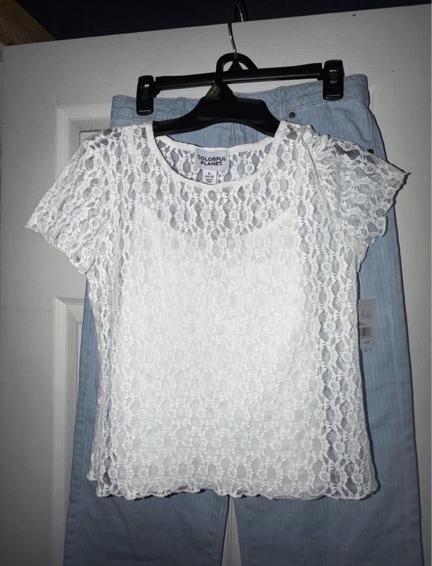 Girls Colorful Planet Lace Top & Denim Jeans Set Scoop Neck 1Size 14/16