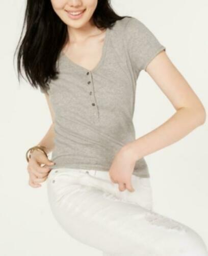 Common Stitch Juniors’ Ribbed-Knit Short-Sleeve Henley Top, Gray, Large L