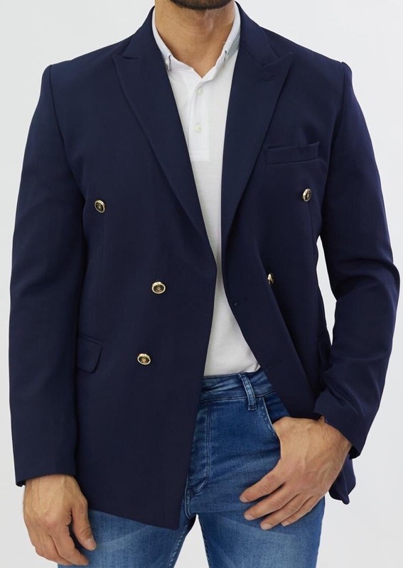 Designer blue double breasted double breasted jacket gold buttons fitted slim fit