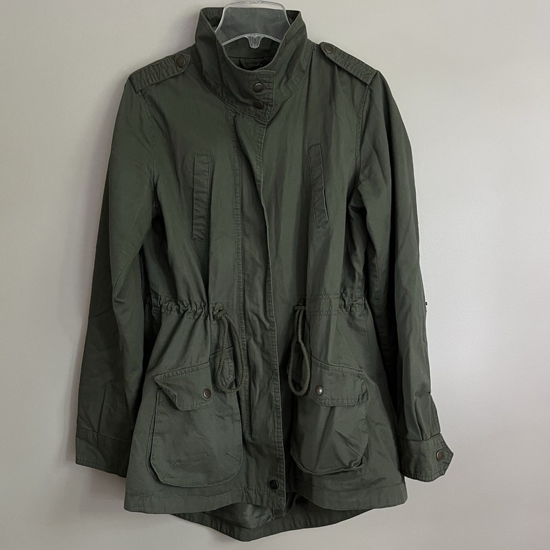 OliveGreen Utility Jacket Military Anorak FullZip Drawstring Waist Medium