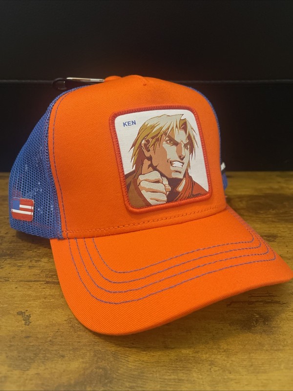 CAPSLAB Rare Street Fighter Ken Patch Mesh Trucker Blue Orange Snapback Hat Cap