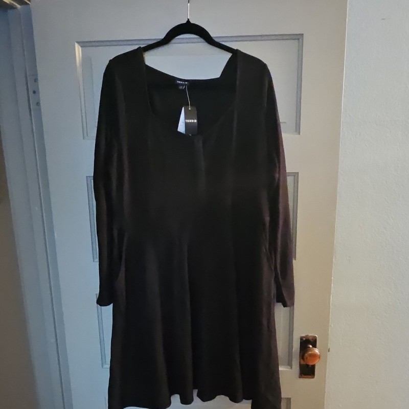 Torrid Black Solid Square Neck Long Sleeve A-Line Knit Dress Sz 2 MPN 41270296