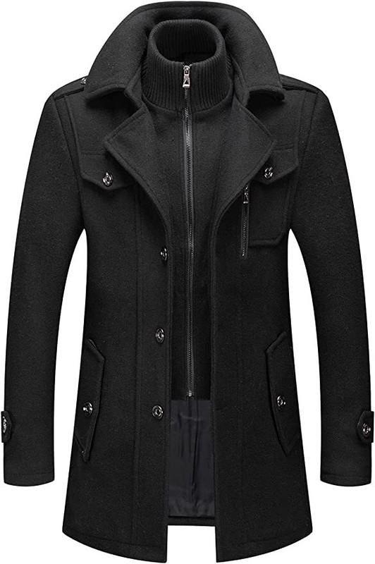 Men’s Thermal Single Breasted Wool Blend Coat Business Peacoat Detachable Zipper