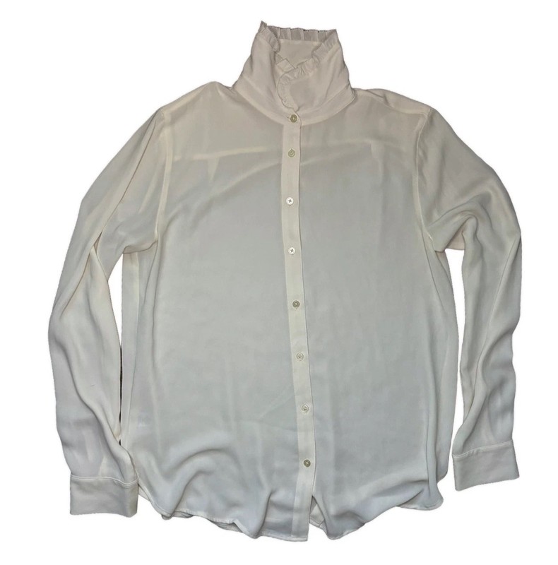 LOFT Button Down Womens Blouse Small White Ivory Ruffle High Neck Long Sleeve