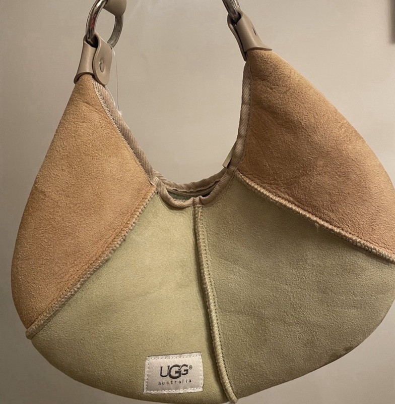 UGG Australia Suede Leather Shearling Sheepskin Shoulder Bag Hobo Tan Cream EUC
