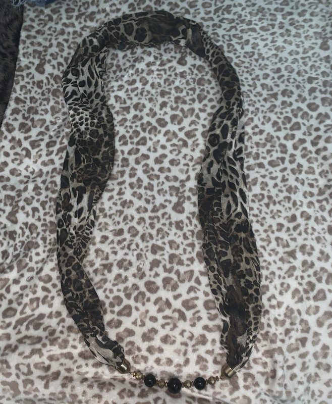 Women’s Black Leopard Animal Print Chiffon Infinity Scarf Beaded 60×12″
