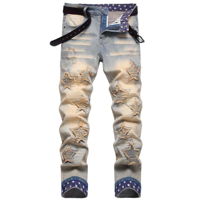 Mens Straight Leg Retro Blue Stars Decor Stretch Jeans Denim Pants Trousers Punk