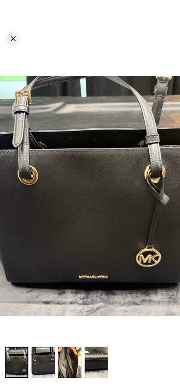 Michael Kors Black Tote Bag Zip Closure Gold Hardware Charm Double Handles