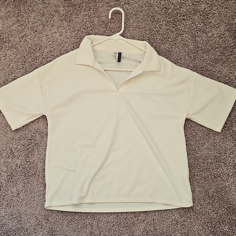 jaclyn intimates white solid knit polo collared short sleeve stretch top L gallery