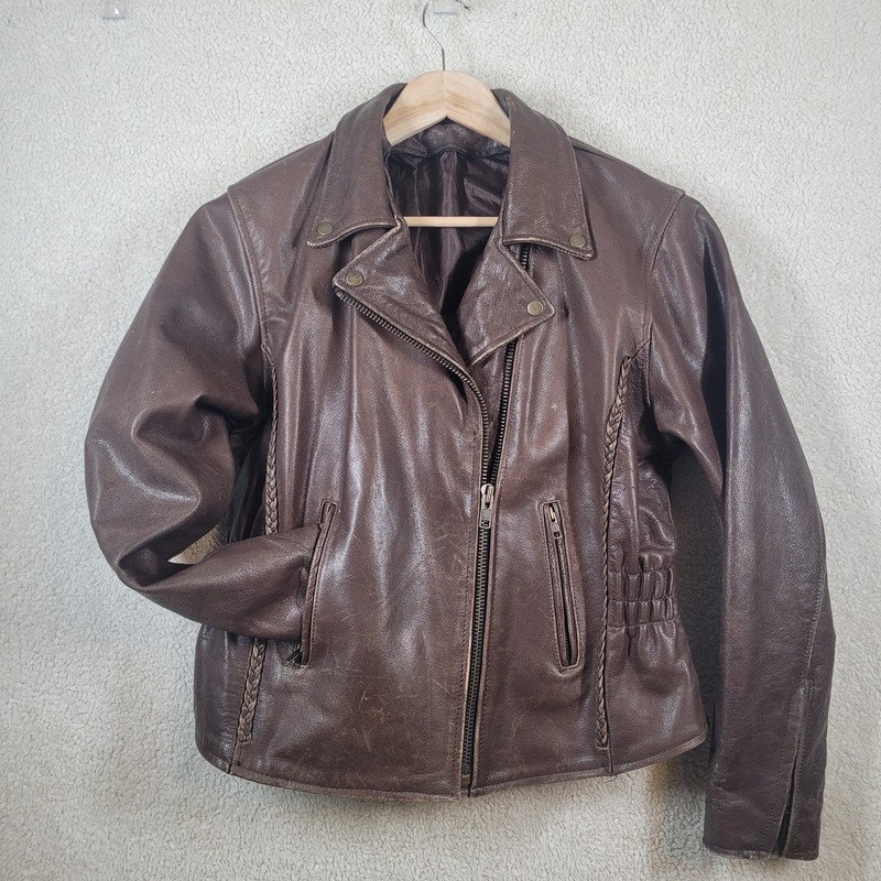 Brown Leather Jacket Braided Zipper Distress Biker Women’s Vintage Grail