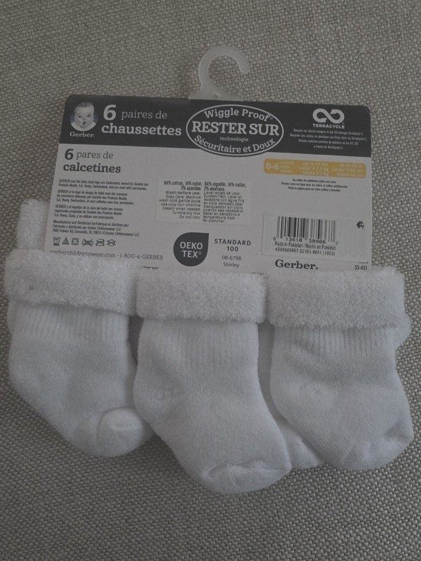 Gerber Wiggle Proof Ankle Socks Multipack White 0-6 Months Unisex Baby 6 Pairs