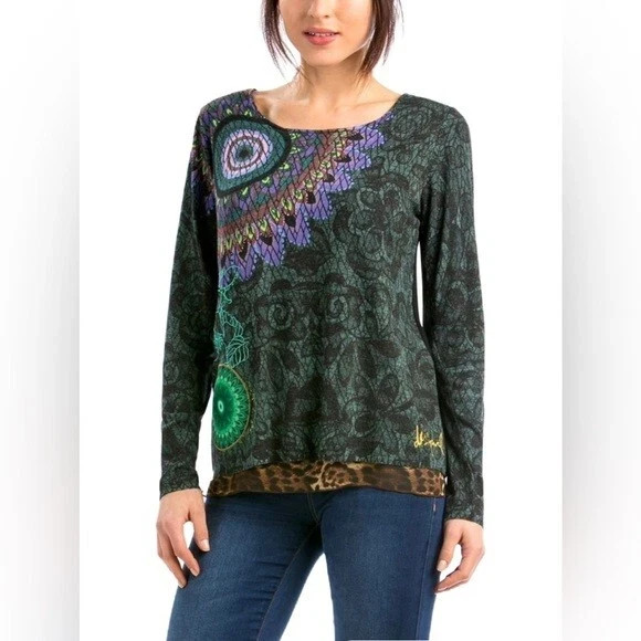 Desigual YES Damen Langarmshirt Pullover Mandala Leo-Print Gr S