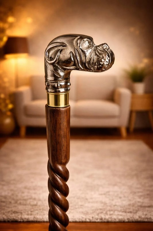 Designer Solid Brass Dog Head Handle and Walking Stick, Hand Carved Wooden Cane gallery