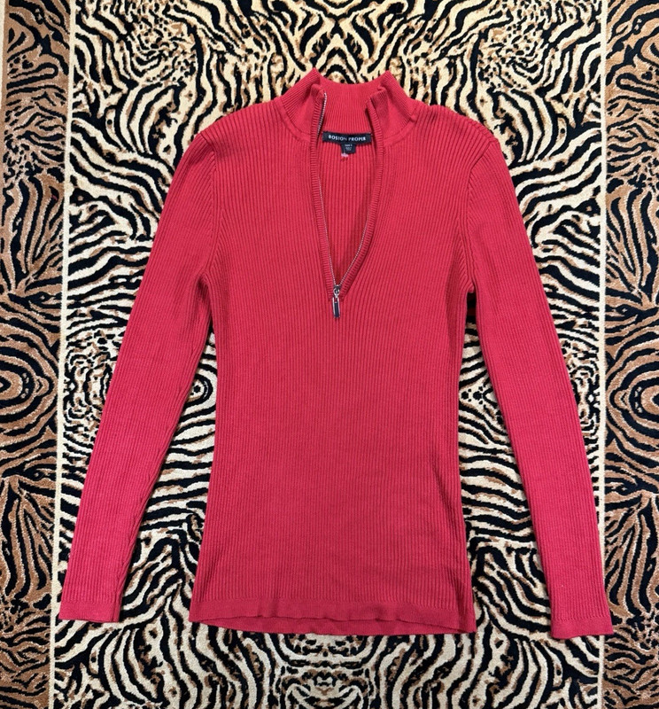 Boston Proper Red Rib-Knit 1/4 Zip Mock Neck Long Sleeve Slim Sweater Size Small