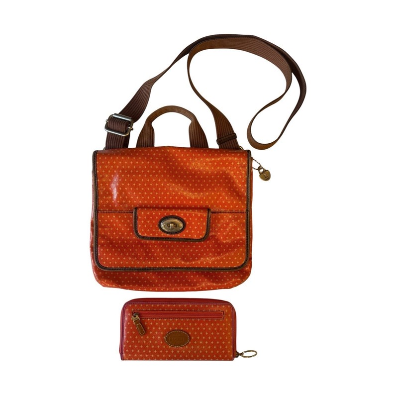 Fossil Key-Per Coated Canvas Orange Polka Dot Crossbody Bag Heart Lock & Wallet