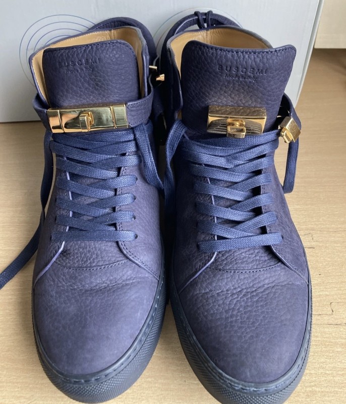 Buscemi Men’s 100mm Nubuck Blue Ink Gold Hardware High Top Sneakers US 13 EU 47