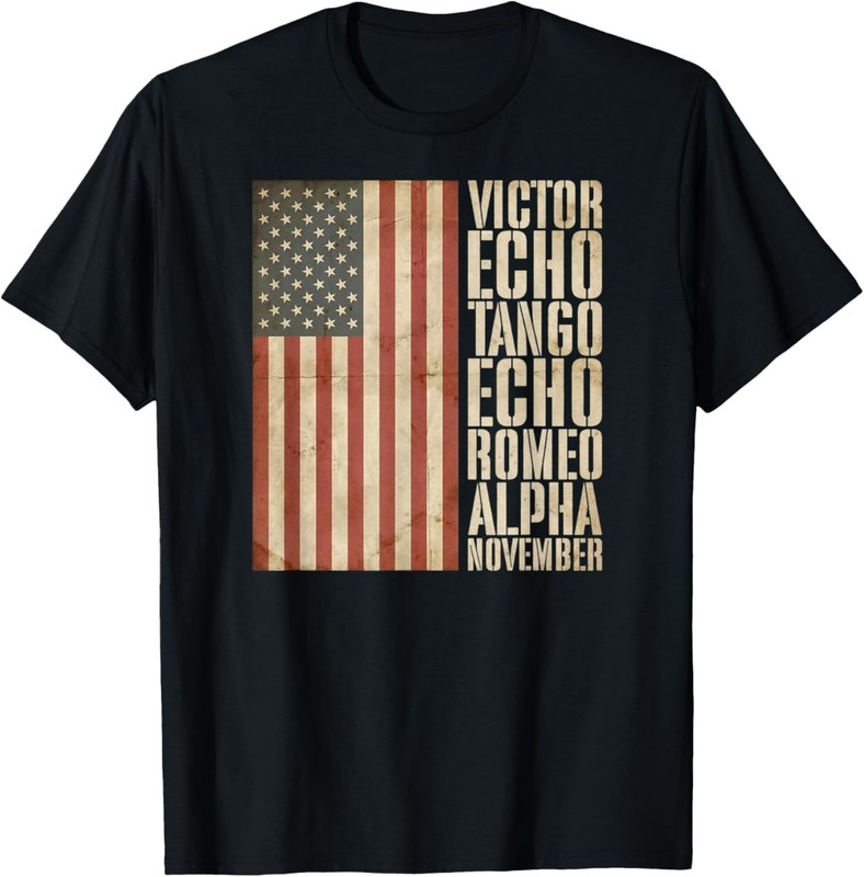 Veteran Military Alphabet American Flag Aged T-Shirt