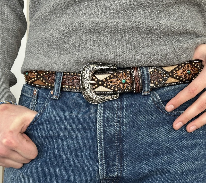 Western Cowboy Silver Flower Engraved Belt Pin Buckle Fits 1-1/2" Strap gallery