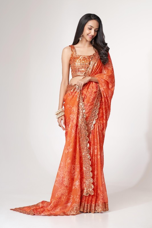 Orange Organza Saree Floral Digital Print Sequins Wedding Saree