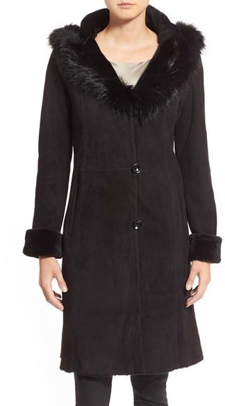 NEW HiSO Genuine Shearling Coat With Fox Fur Trim Hood in Black – Size 8 #DC310