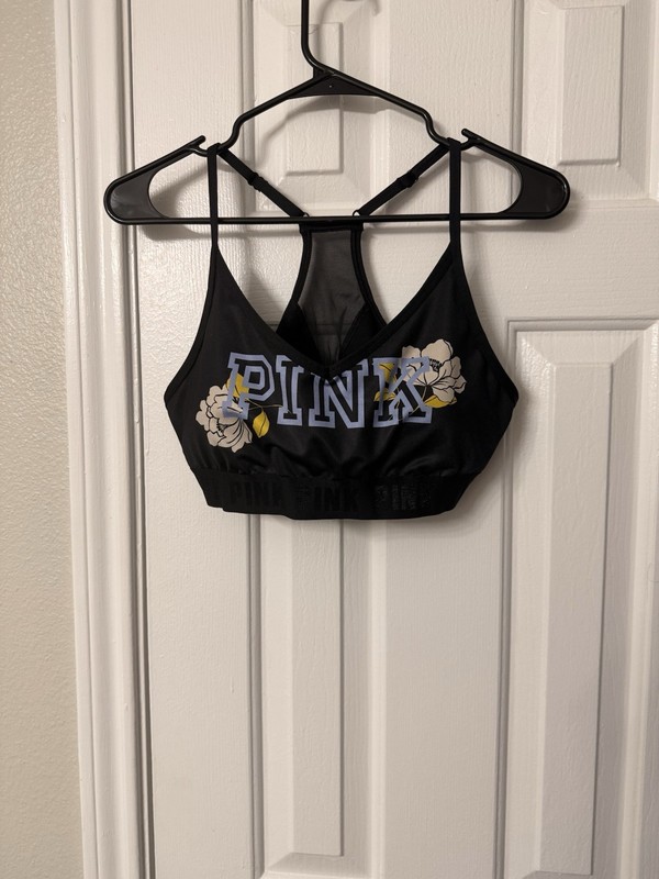 PINK Active Black Floral Logo Racerback Mesh Sports Bra Medium Support L
