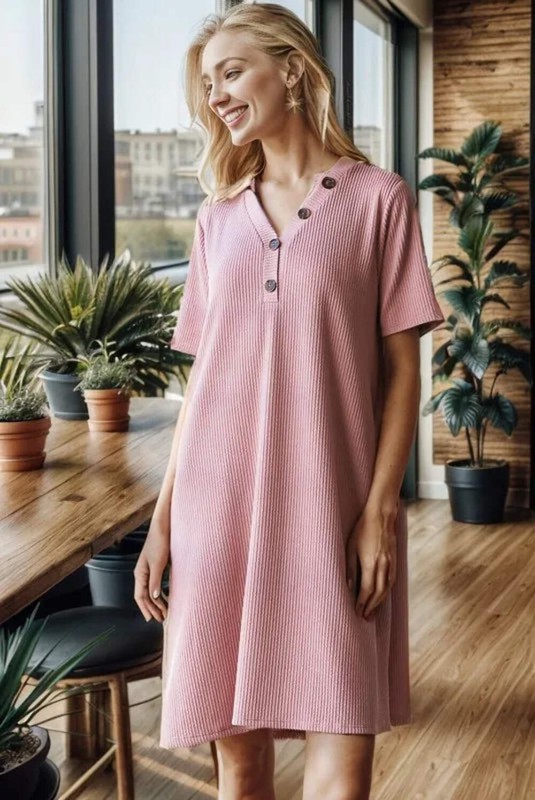 Heimish Pink Ribbed Collared Neck Short Sleeve Mini Dress with Buttons