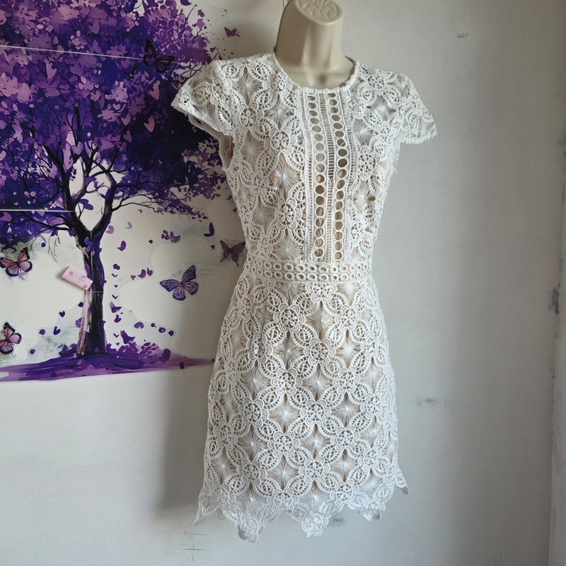 white lace mini dress Love & Other Things Crochet S Small Nude Lining Boho Party